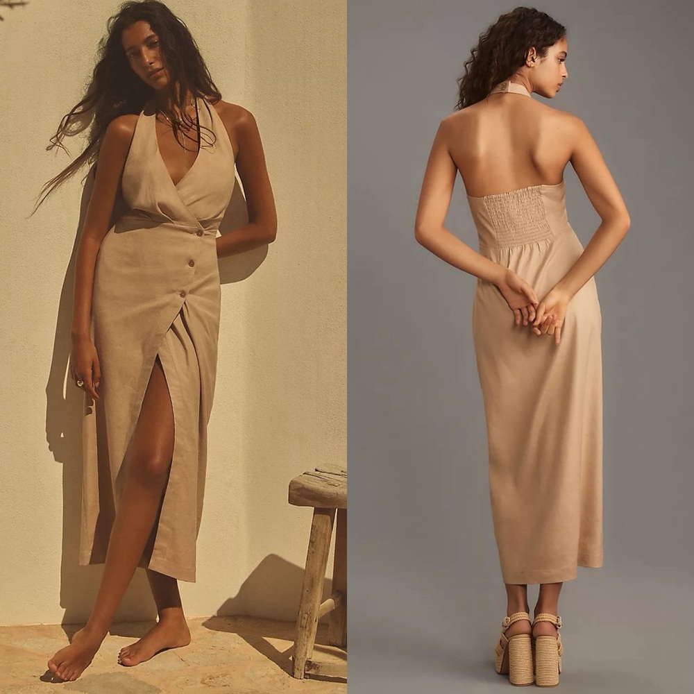 Anthropologie Linen Halter V-Neck Column Midi Dress in Cream